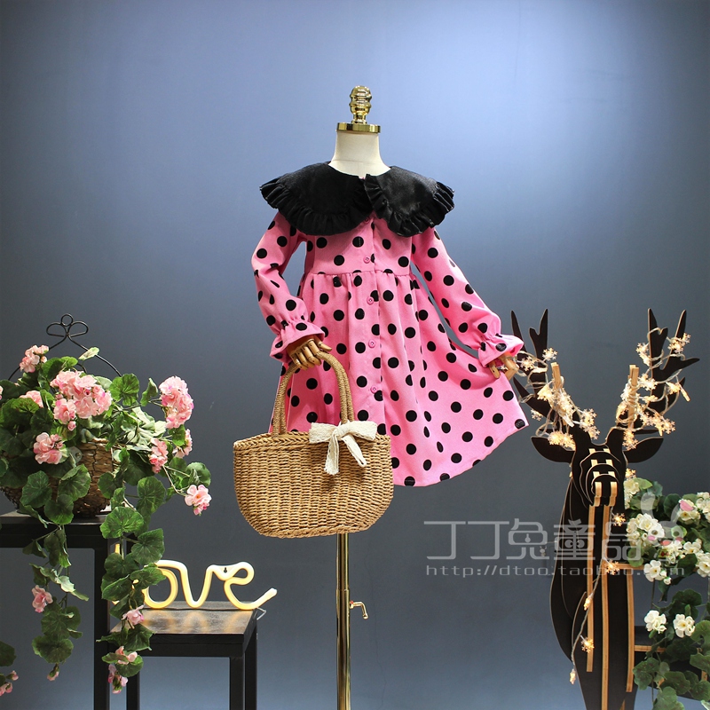 欧美女童装春秋季灯芯绒复古波点连衣裙韩版中大童公主时尚淑女裙