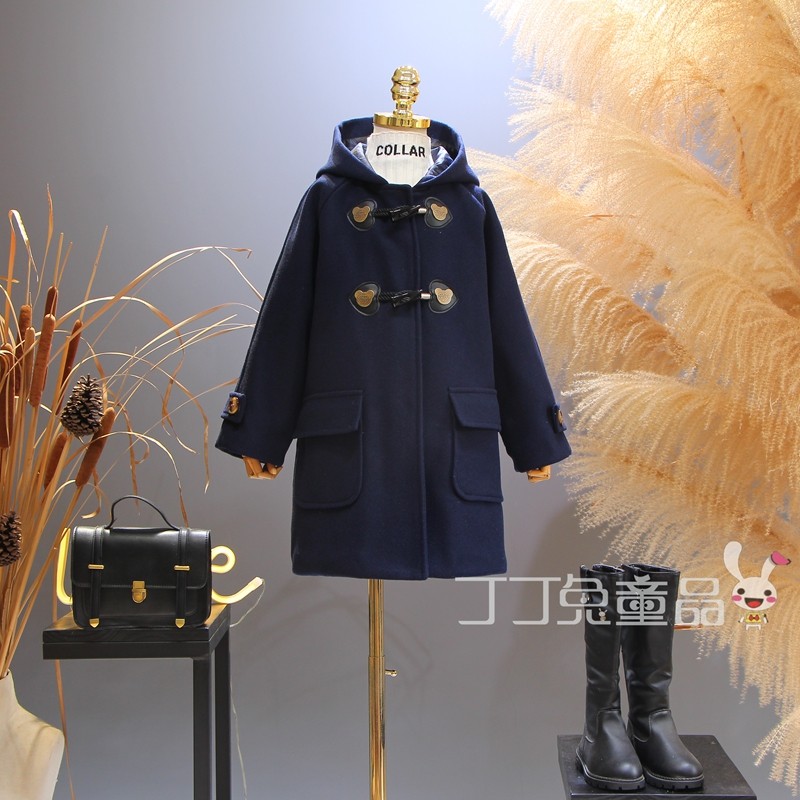 欧美女童装冬季牛角扣连帽毛呢大衣韩版中大童百搭洋气质夹棉外套,童装/婴儿装/亲子装,呢大衣,淘宝优惠券,粉丝福利购,淘宝优惠卷