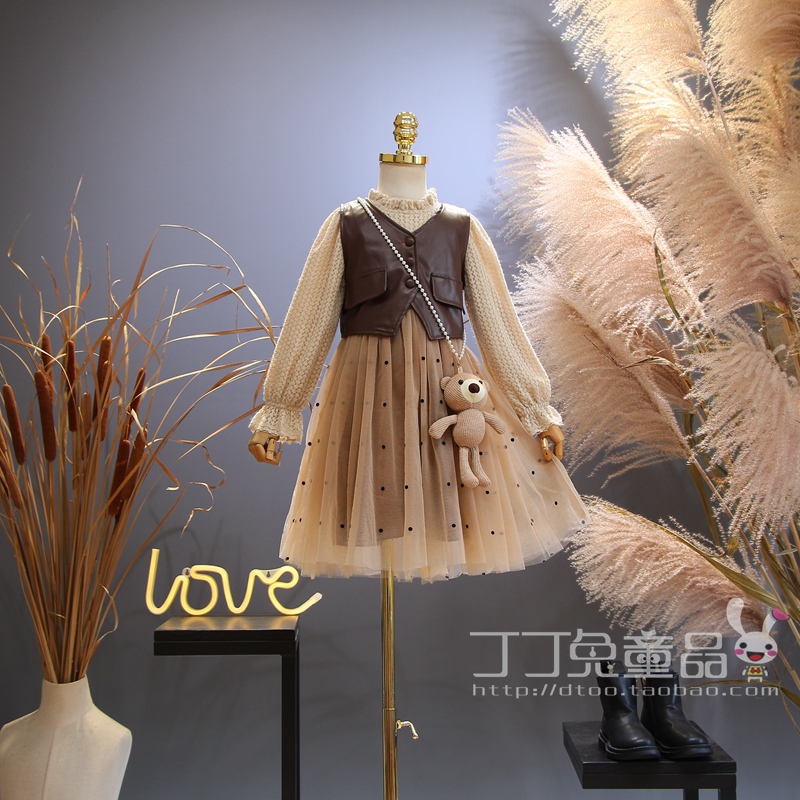 欧美女童装春秋季甜美马甲网纱裙两件套韩版中大童淑女洋气质公主