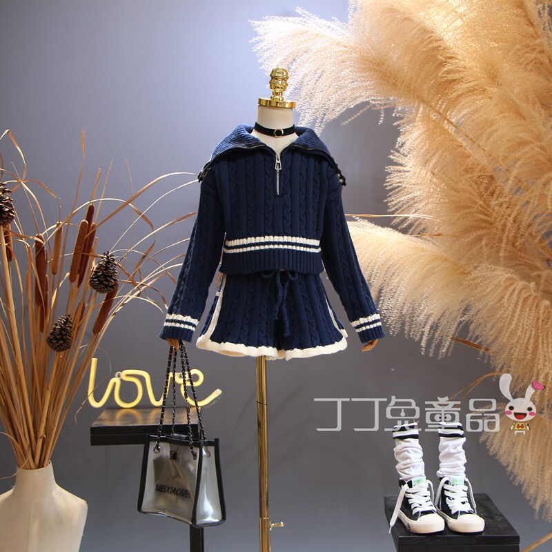 欧美女童装春秋季毛线针织大翻领套装韩版中大孩麻花毛衣时尚新品