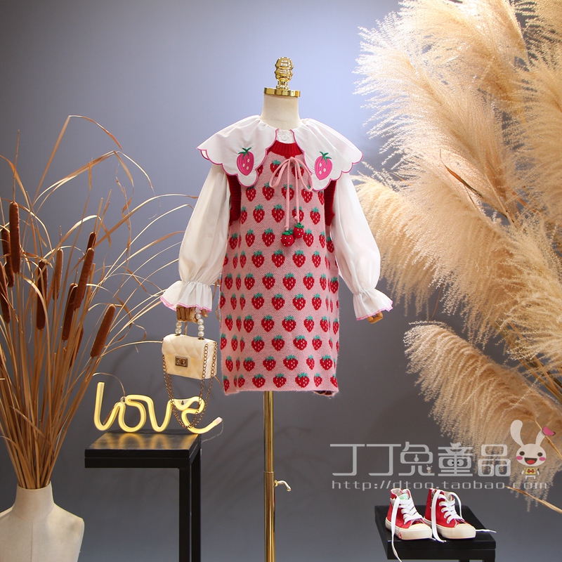 欧美女童装春秋季草莓毛衣背心裙套装韩版中大童甜美公主洋气新品