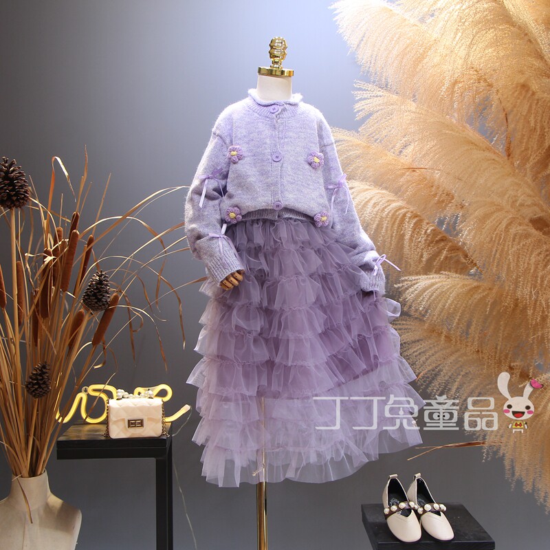 欧美女童装春秋季甜美毛衣开衫网纱裙两件套韩版大童洋气公主套装