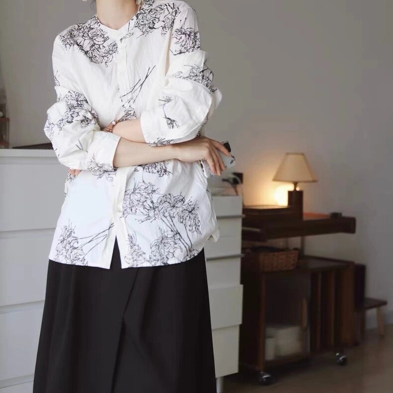 日单p@sdec@~清冷水墨印花皱纹肌理感衬衣高密度100%棉衬衫