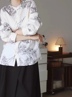 日单p@sdec@~清冷水墨印花皱纹肌理感衬衣高密度100%棉衬衫