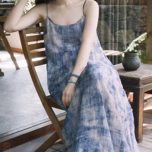 蓝色调晕染海浪100%苎麻印花飘逸吊带连衣裙长裙沙滩裙度假风