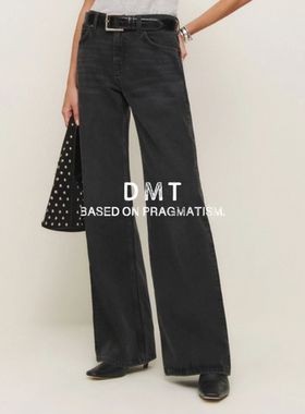 欧美小众品牌Ref尾~阔腿裤牛仔裤炭黑色水洗高腰裤显瘦长裤