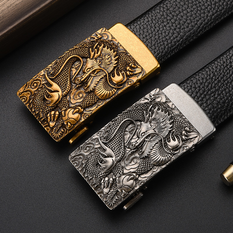 2025新款牛皮带男自动扣真皮男士仿古龙头扣中青年商务休闲裤腰带