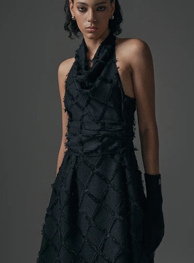 韩国正品直邮treemingbird设计师品牌连衣裙挂脖菱格纹毛边气质裙