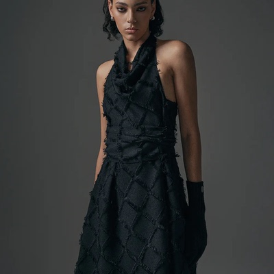 韩国正品直邮treemingbird设计师品牌连衣裙挂脖菱格纹毛边气质裙