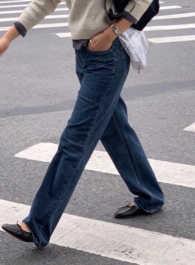 韩国正品直邮设计师品牌HAAG复古直筒牛仔裤女蓝色百搭休闲长裤