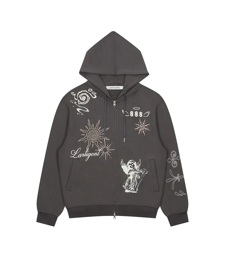 韩国设计师品牌 lartigent街头潮酷天使印花休闲运动拉链卫衣