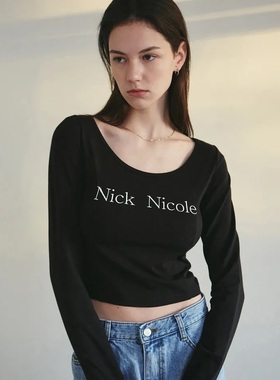 韩国设计师品牌NICK&NICOLE25秋款新品字母圆领修身短款长袖T袖