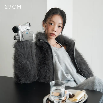 韩国正品直邮设计师品牌LCDC25秋冬皮草拉链夹克