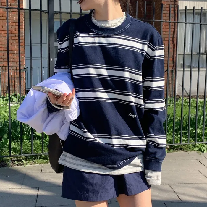 韩国正品直邮设计师品牌HAAG25秋时尚百搭条纹长袖圆领T恤