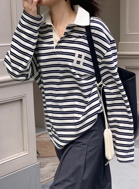 韩国正品直邮HAAG设计感条纹polo衫女宽松百搭长袖休闲上衣