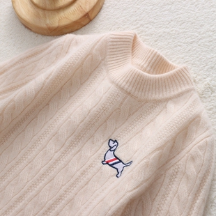 儿童100纯羊毛衫秋冬加厚刺绣小狗毛衣男童圆领针织衫女童打底衫