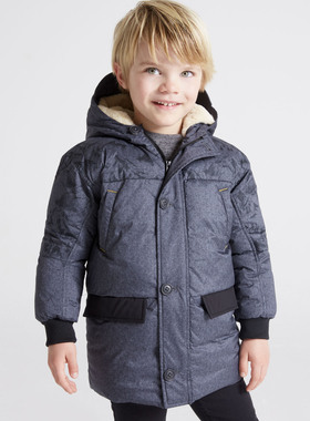 现货西班牙mayoral麦悠男中童秋冬灰色加毛连帽保暖派克大衣外套