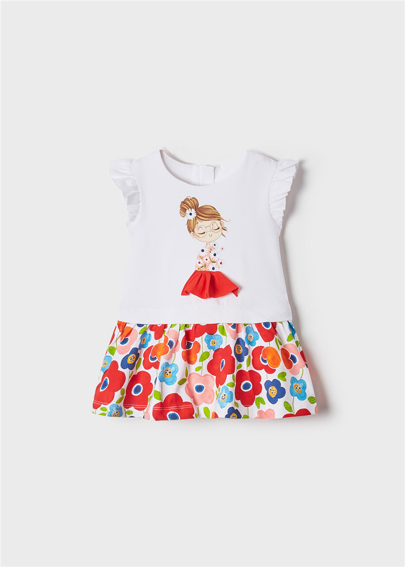 现货西班牙mayoral麦悠幼小女童春夏印花女孩贴布百褶短袖连衣裙