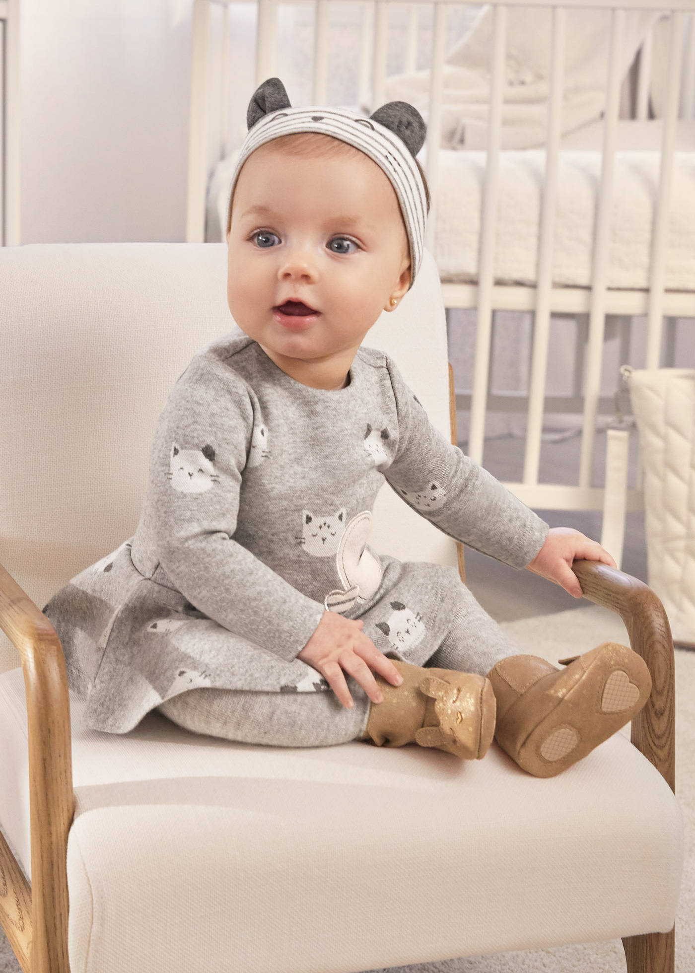 现货西班牙mayoral麦悠女婴春秋灰色猫咪公主周岁连衣裙发带套装