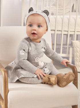 现货西班牙mayoral麦悠女婴春秋灰色猫咪公主周岁连衣裙发带套装