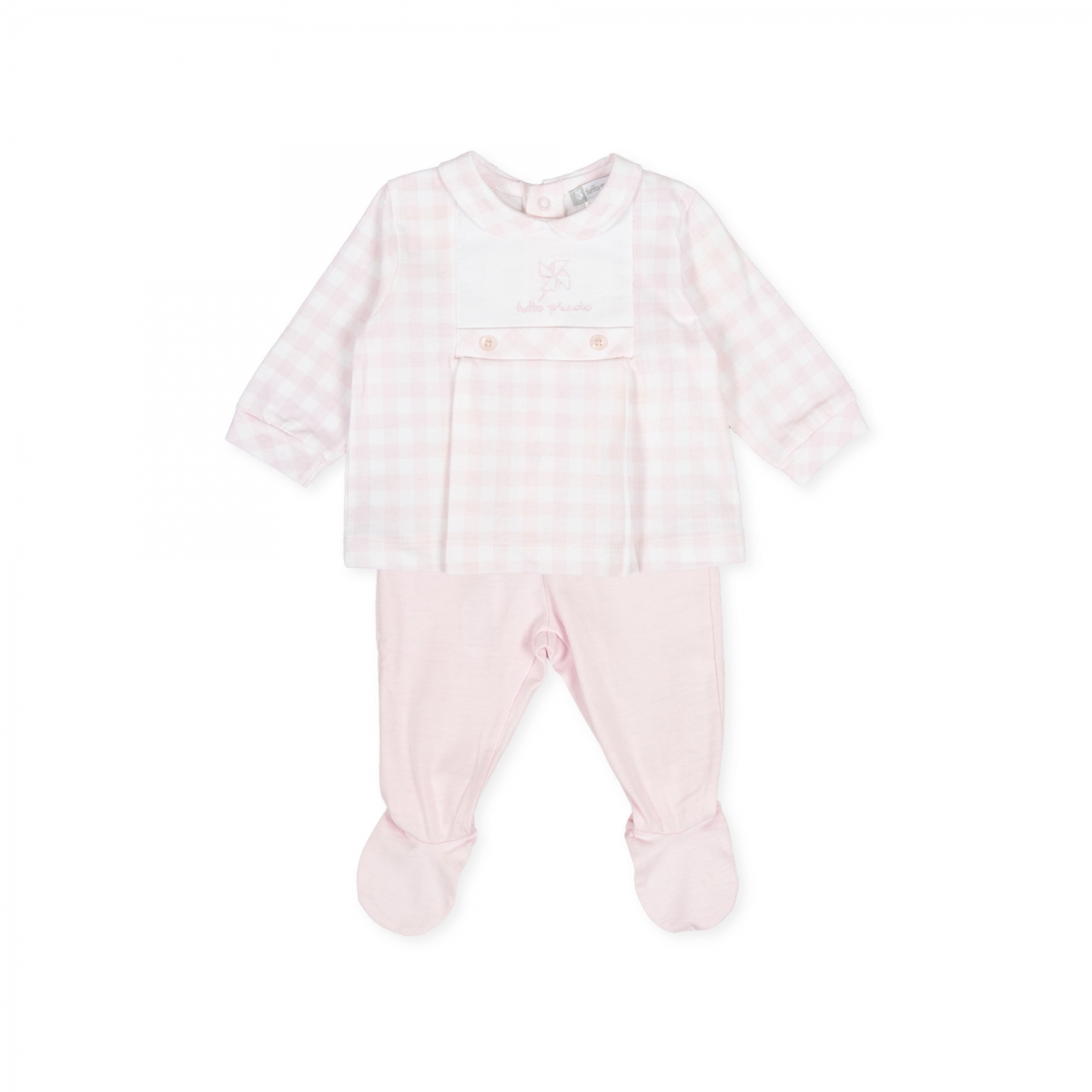 现货西班牙Tutto piccolo女婴童粉格子上衣刺绣裤袜包脚套装8481