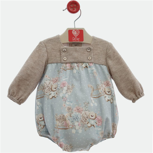 现货西班牙delsur女婴幼童春秋装针织小熊长袖公主连体开档包屁衣