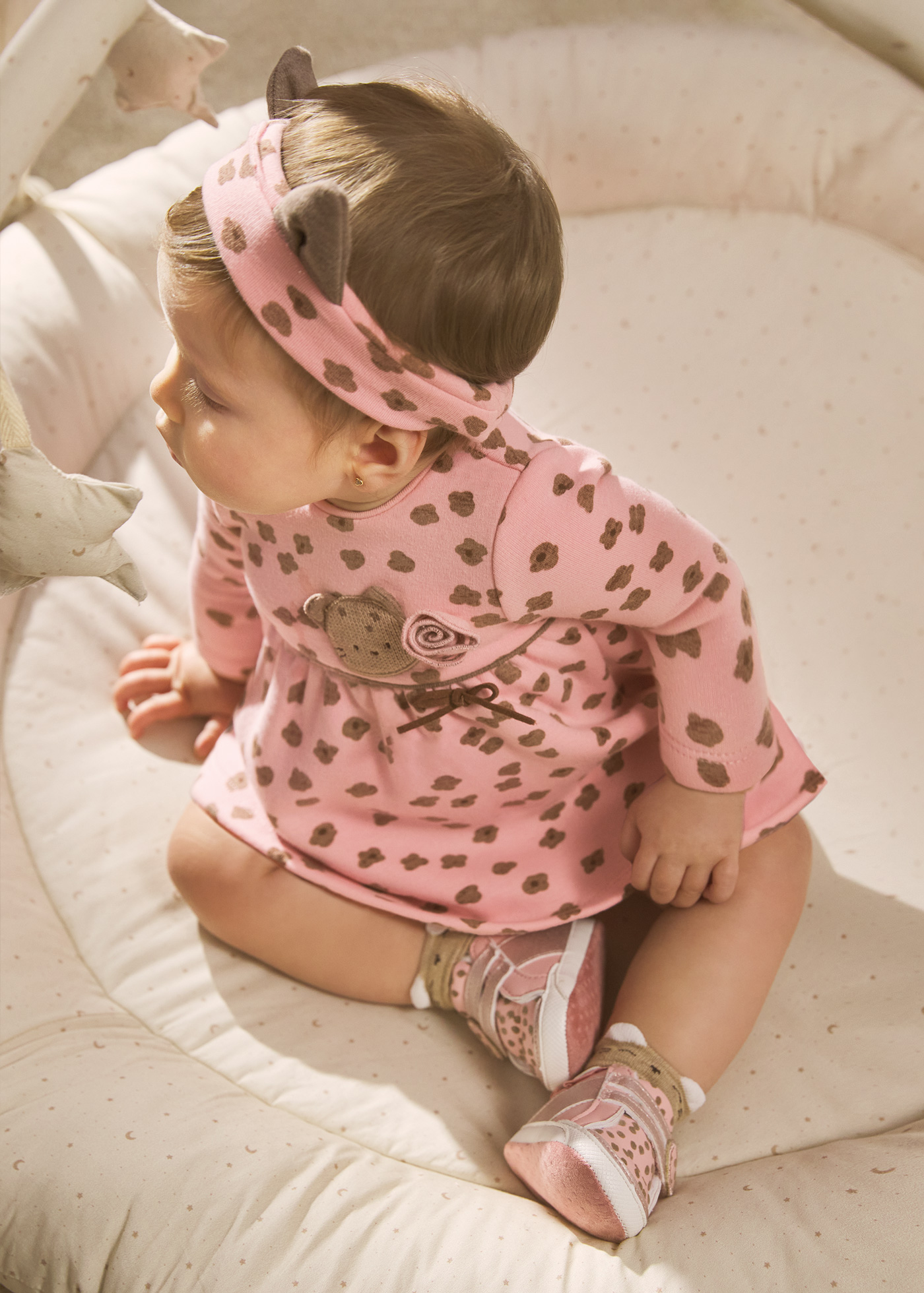 现货西班牙mayoral麦悠女婴春秋粉色豹纹公主周岁连衣裙发带套装