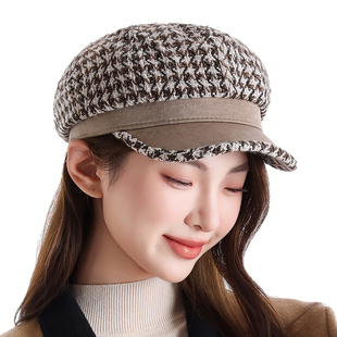 韩版八角帽子女冬季保暖千鸟格贝雷帽春秋天百搭休闲日系画家帽