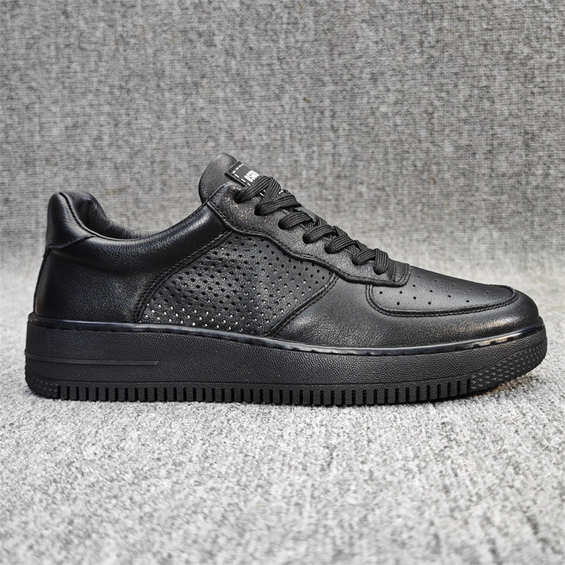 头层牛皮男士镂空透气休闲板鞋专柜纯黑系带时尚百搭软底潮鞋捡漏