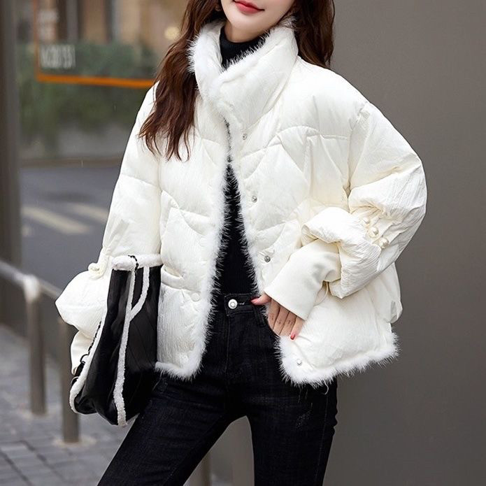小香风羽绒服女2025水貂毛新款冬季短款洋气小个子白鸭绒立领外套