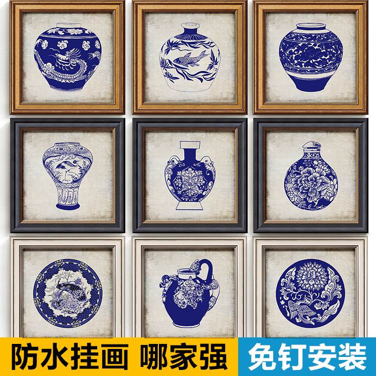 现代新中式陶瓷青花瓷器书房餐厅客厅玄关走廊过道墙壁画装饰挂画图片