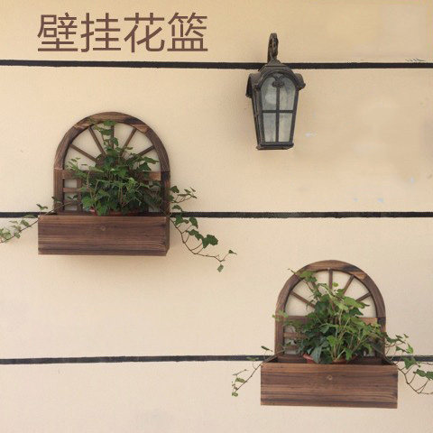 园艺碳化防腐木壁挂花篮盆架 复古炭化木质挂壁花架盆 栅栏花篮