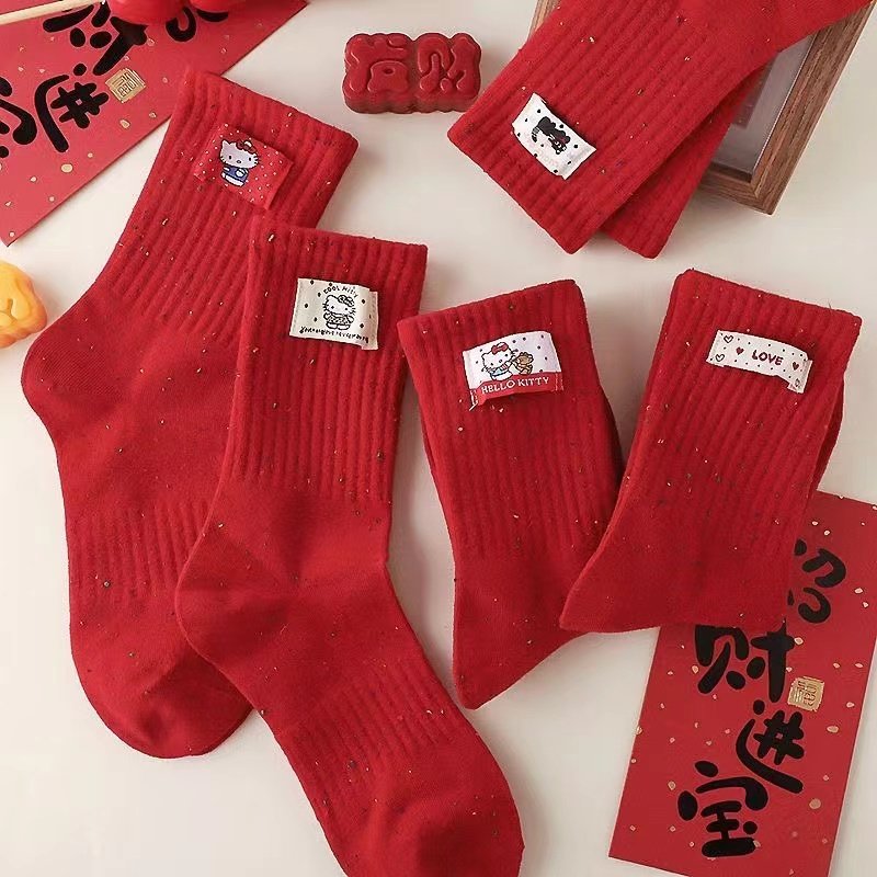 2026新年大红色袜子女中筒袜属马本命年喜庆可爱卡通小猫中筒袜