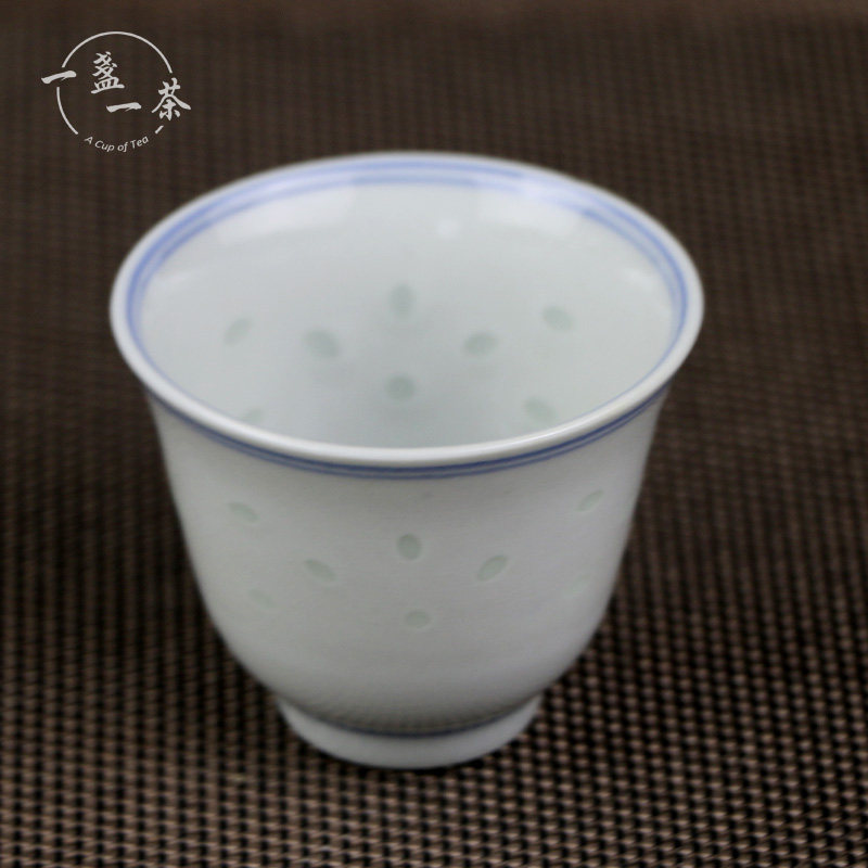 景德镇高温陶瓷茶具手绘青花双线仿古草木灰釉玲珑茶杯经典花神杯