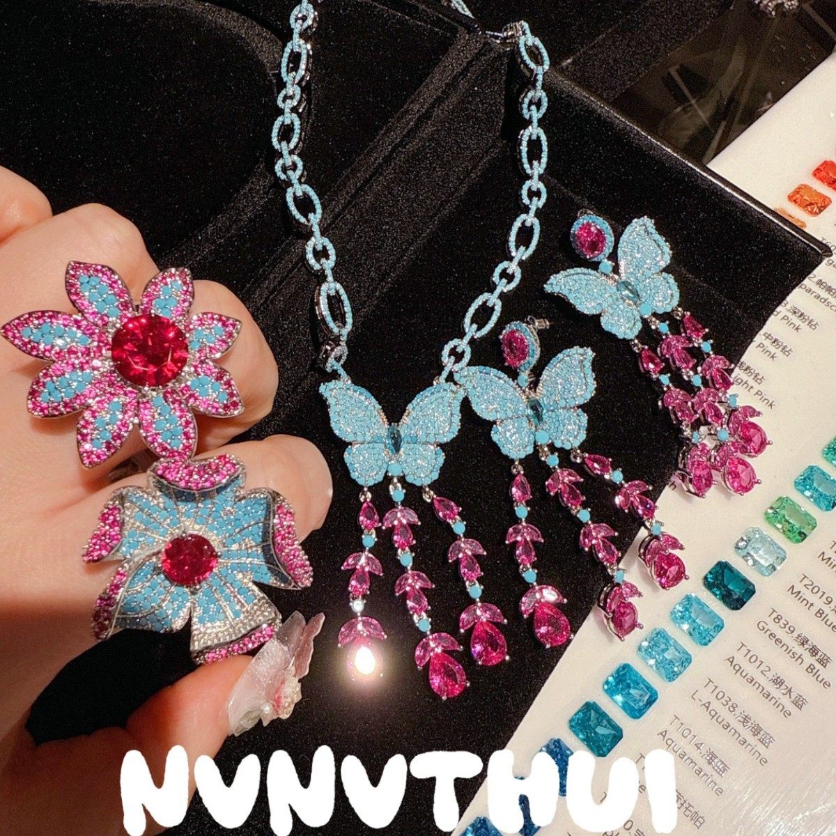 珠宝 复古多巴胺黛蓝蝴蝶水滴宝石项链 晚宴高定胭脂粉鸢尾花戒指,饰品/流行首饰/时尚饰品新,项链,淘宝优惠券,粉丝福利购,淘宝优惠卷