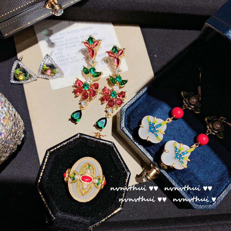 油画波尔多红宝石耳坠 镀18K金璀璨多切面珠宝锆石祖母绿满钻耳环