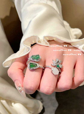 巴西绿玉髓葫芦福禄戒指 古董感 镀18K金 合成玛瑙锆石耳环 套装