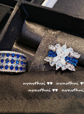 璀璨海蓝宝石花朵戒指 镀18K金油画复古蓝锆石水滴花卉戒可调节