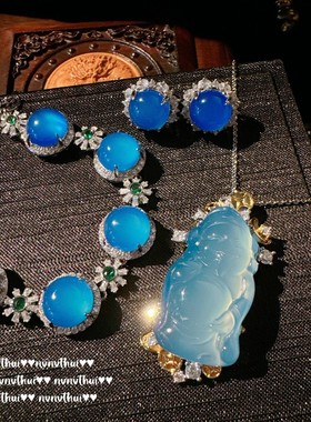 土耳其蓝玉髓花朵宝石手链 冰莹通透 镀18K金 蓝玉髓花朵锆石耳环