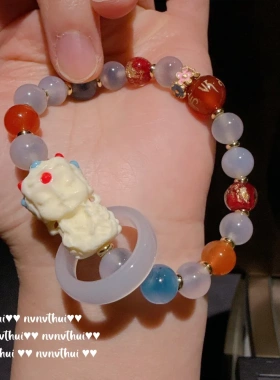 古法金箔琉璃半糖度母手链 新中式 粉瓷极光手串 水晶手饰