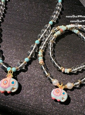 彩虹多巴胺冰翠珠珠吉象项链 水灵水灵 珐琅滴釉小象水晶串珠手链