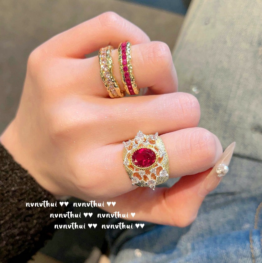 织纹雕金雪花宝石戒指 Vintage 镀18K金 胭脂粉方糖锆石戒指 叠戴