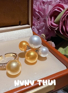 珠宝 复古浓金气泡澳白色珍珠宝石戒指 宴会高定小熊闪钻链条项链