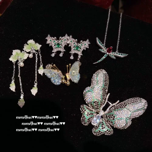 奥地利复古 枯叶蝴蝶宝石胸针 Vintage 鸢尾花瓣水晶耳环 套装