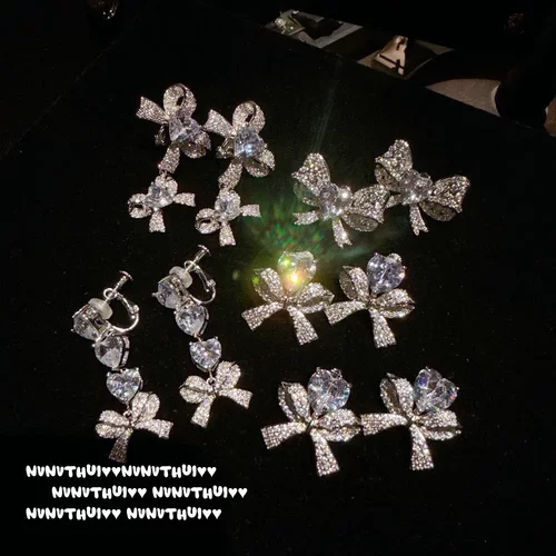 珠宝 复古宫廷蝴蝶结爱心宝石耳环 镀18K金 蝴蝶心心锆石耳夹组合