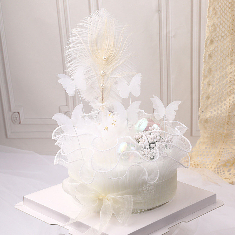 网红唯美情人节女神仙气仙女生日蛋糕装饰波浪边白纱羽毛珍珠围边