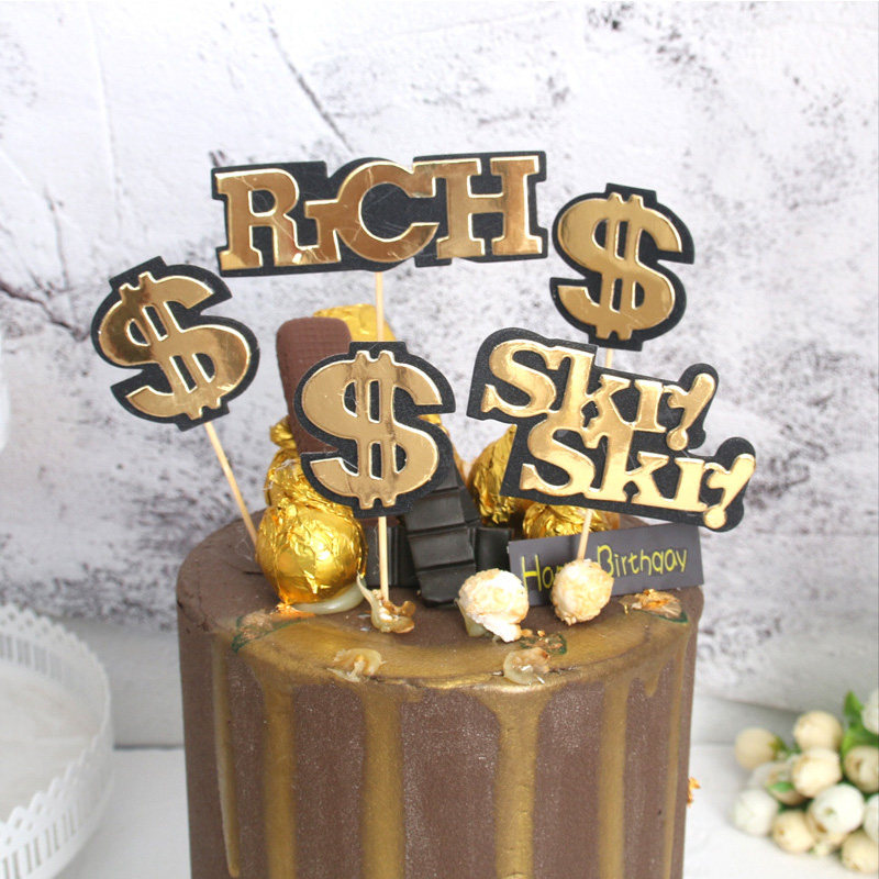 蛋糕装饰插牌金色美金美元标志发财愿望一夜暴富生日派对装饰插卡