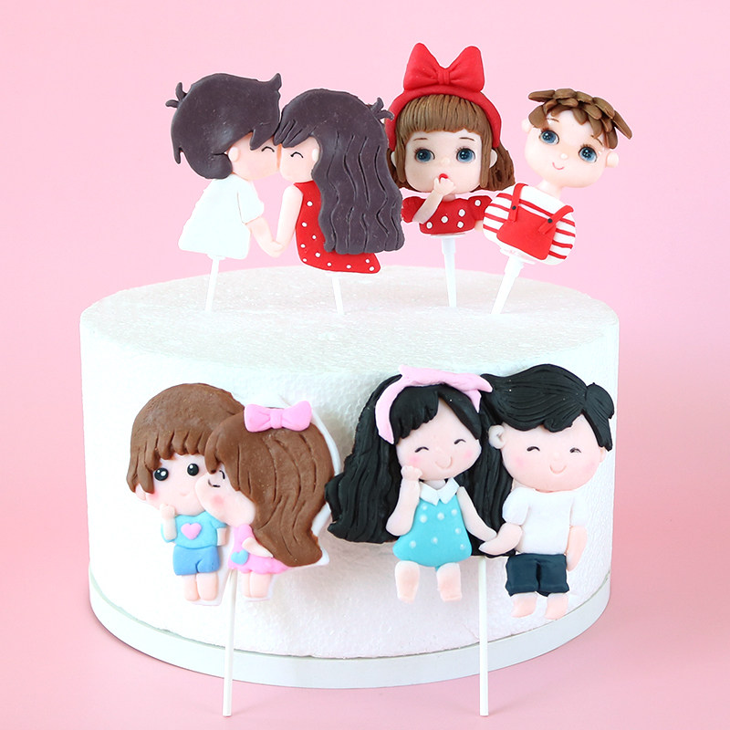 情人节生日蛋糕装饰软陶背带裤牵手男孩女孩宝宝情侣插件公仔摆件