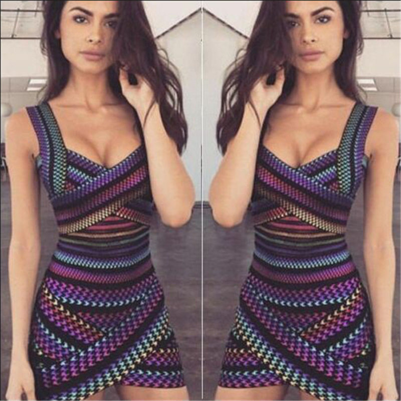 新款七彩千鸟格烫金绷带连衣裙 Herve Leger名人生日酒会明星礼服