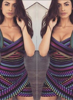 新款七彩千鸟格烫金绷带连衣裙 Herve Leger名人生日酒会明星礼服
